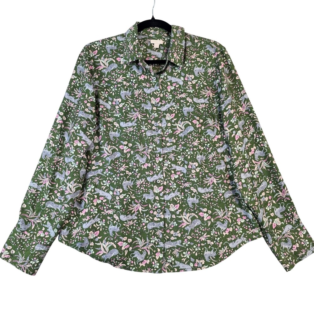 J.Crew Collection Silk Button Down Shirt Green Floral Leopard Print Size 14